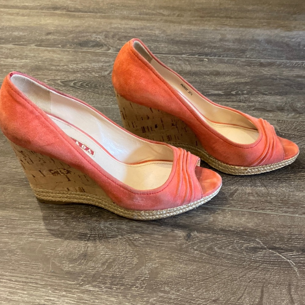 Prada Coral Suede Cork Wedges